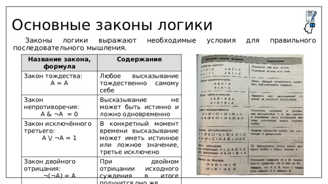Порядок выполнения логических операций в сложном логическом выражении 1. инверсия 2. конъюнкция 3. дизъюнкция 4. импликация 5. эквивалентность  Для изменения указанного порядка выполнения операций используются скобки. Операции одинакового приоритета выполняются слева направо. 