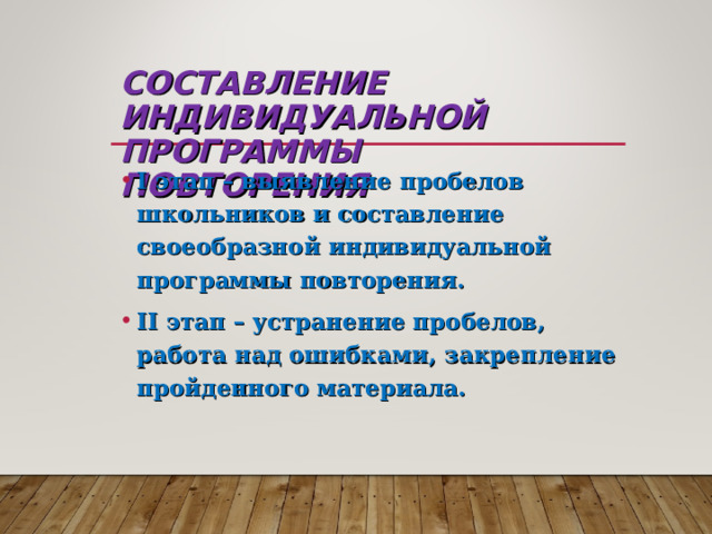 СОСТАВЛЕНИЕ ИНДИВИДУАЛЬНОЙ ПРОГРАММЫ ПОВТОРЕНИЯ  I этап – выявление пробелов школьников и составление своеобразной индивидуальной программы повторения. II этап – устранение пробелов, работа над ошибками, закрепление пройденного материала.  