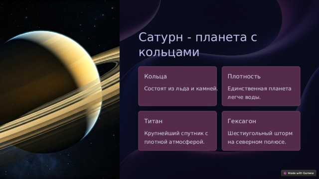 Сатурн - планета с кольцами Кольца Плотность Состоят из льда и камней. Единственная планета легче воды. Титан Гексагон Крупнейший спутник с плотной атмосферой. Шестиугольный шторм на северном полюсе.  