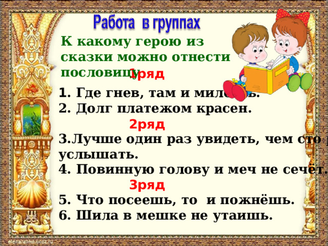 К какому герою из сказки можно отнести пословицу 1ряд 1 . Где гнев, там и милость. 2. Долг платежом красен.  3.Лучше один раз увидеть, чем сто раз услышать. 4. Повинную голову и меч не сечёт.  5. Что посеешь, то и пожнёшь. 6. Шила в мешке не утаишь. 2ряд 3ряд 