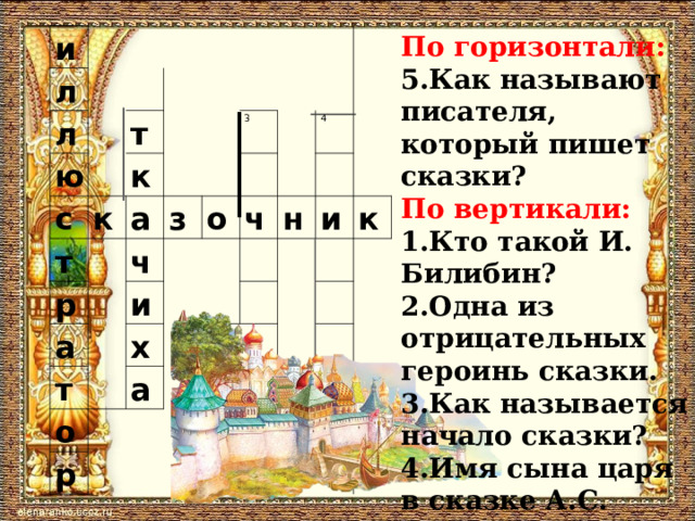 По горизонтали: 5.Как называют писателя, который пишет сказки? По вертикали: 1.Кто такой И. Билибин? 2.Одна из отрицательных героинь сказки. 3.Как называется начало сказки? 4.Имя сына царя в сказке А.С. Пушкина. и л   л   ю т с   к т к       р а 3 а ч з     т и о   х 4 ч о   н     р а       и     к     