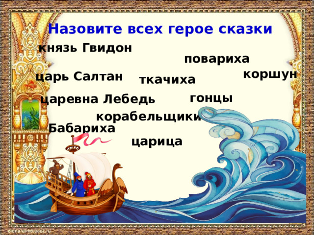 Назовите всех герое сказки князь Гвидон повариха коршун царь Салтан ткачиха гонцы царевна Лебедь корабельщики  Бабариха царица 