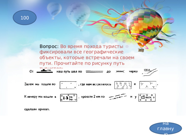 100 Вопрос: Во время похода туристы фиксировали все географические объекты, которые встречали на своем пути. Прочитайте по рисунку путь туристов:  на главную 
