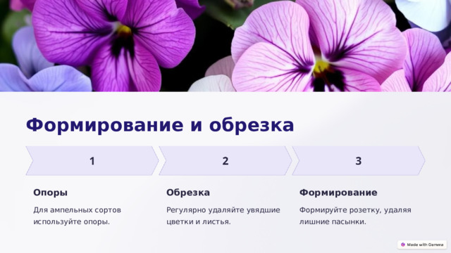 Формирование и обрезка Опоры Обрезка Формирование Для ампельных сортов используйте опоры. Регулярно удаляйте увядшие цветки и листья. Формируйте розетку, удаляя лишние пасынки.  
