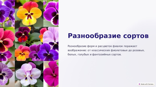 Разнообразие сортов Разнообразие форм и расцветок фиалок поражает воображение: от классических фиолетовых до розовых, белых, голубых и фантазийных сортов.  
