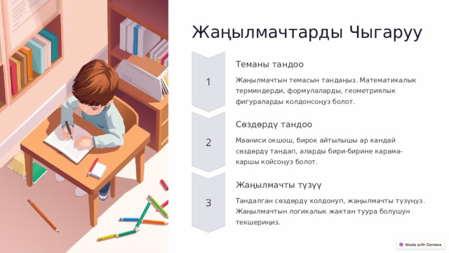 Жаңылмачтарды Чыгаруу Теманы тандоо Жаңылмачтын темасын тандаңыз. Математикалык терминдерди, формулаларды, геометриялык фигураларды колдонсоңуз болот. Сөздөрдү тандоо Мааниси окшош, бирок айтылышы ар кандай сөздөрдү тандап, аларды бири-бирине карама-каршы койсоңуз болот. Жаңылмачты түзүү Тандалган сөздөрдү колдонуп, жаңылмачты түзүңүз. Жаңылмачтын логикалык жактан туура болушун текшериңиз.  