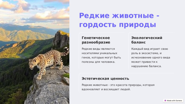 Редкие животные - гордость природы Генетическое разнообразие Экологический баланс Редкие виды являются носителями уникальных генов, которые могут быть полезны для человека. Каждый вид играет свою роль в экосистеме, и исчезновение одного вида может привести к нарушению баланса. Эстетическая ценность Редкие животные - это красота природы, которая вдохновляет и восхищает людей.  