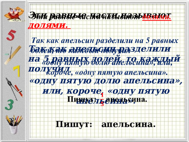   Эти равные части называют долями. Так как апельсин разделили на 5 равных долей, то каждый получил «одну пятую долю апельсина», или, короче, «одну пятую апельсина». Пишут: апельсина. 