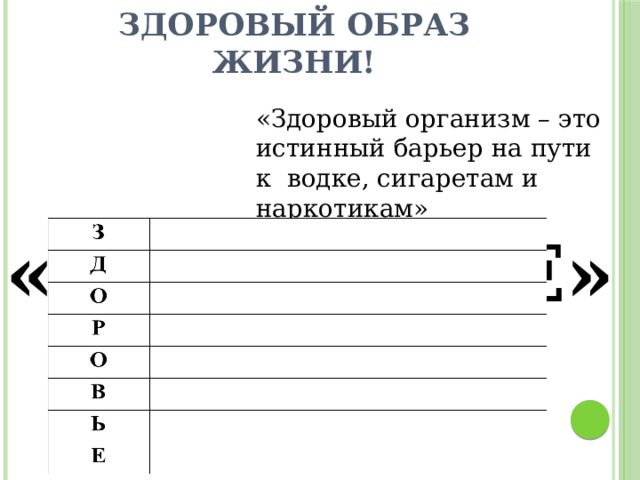 Здоровый образ жизни! «Здоровый организм – это истинный барьер на пути к водке, сигаретам и наркотикам»  Г. Каспаров «ЗДОРОВЬЕ» Задание. Ребята, п ридумайте слова, связанные со здоровьем на каждую букву этого слова.  