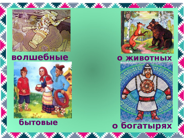 волшебные о животных Коми сказки, как и русские, делятся на волшебные, бытовые , о животных и про богатырей. Герои коми сказок разные. Некоторые из них напоминают героев русских народных сказок, но все-таки отличаются. бытовые о богатырях  