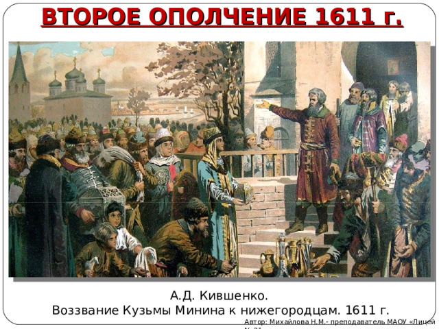 ВТОРОЕ ОПОЛЧЕНИЕ 1611 г. А.Д. Кившенко. Воззвание Кузьмы Минина к нижегородцам. 1611 г. Автор: Михайлова Н.М.- преподаватель МАОУ «Лицей № 21» 