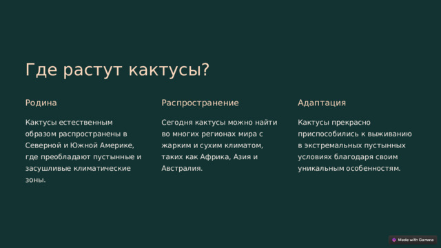 Где растут кактусы? Родина Распространение Адаптация Кактусы естественным образом распространены в Северной и Южной Америке, где преобладают пустынные и засушливые климатические зоны. Сегодня кактусы можно найти во многих регионах мира с жарким и сухим климатом, таких как Африка, Азия и Австралия. Кактусы прекрасно приспособились к выживанию в экстремальных пустынных условиях благодаря своим уникальным особенностям.  