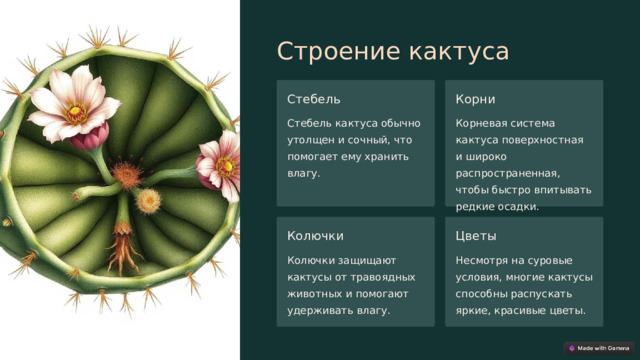 Строение кактуса Стебель Корни Стебель кактуса обычно утолщен и сочный, что помогает ему хранить влагу. Корневая система кактуса поверхностная и широко распространенная, чтобы быстро впитывать редкие осадки. Колючки Цветы Колючки защищают кактусы от травоядных животных и помогают удерживать влагу. Несмотря на суровые условия, многие кактусы способны распускать яркие, красивые цветы.  