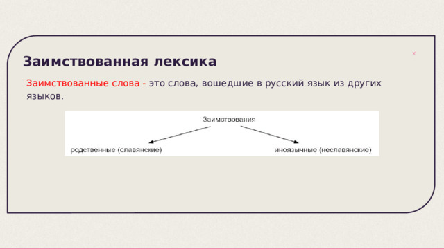 Заимствованная лексика Заимствованные слова - это слова, вошедшие в русский язык из других языков. 