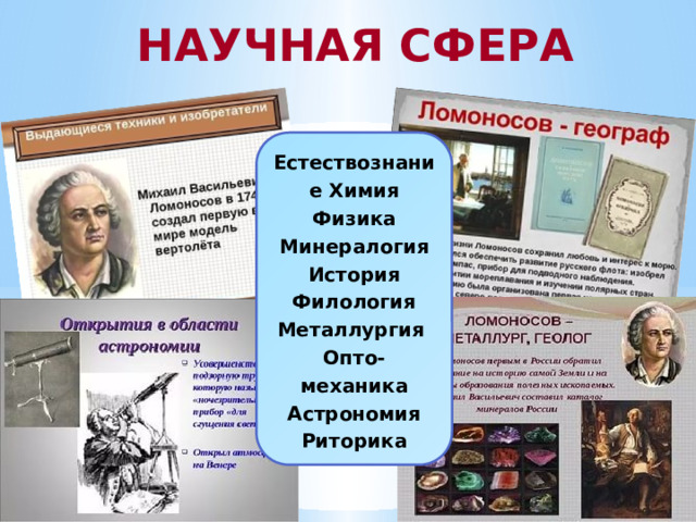 НАУЧНАЯ СФЕРА Естествознание Химия Физика Минералогия История Филология Металлургия Опто-механика Астрономия Риторика 