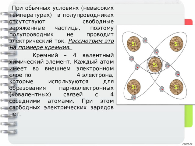  При обычных условиях (невысоких температурах) в полупроводниках отсутствуют свободные заряженные частицы, поэтому полупроводник не проводит электрический ток. Рассмотрим это на примере кремния.  Кремний – 4 валентный химический элемент. Каждый атом имеет во внешнем электронном слое по 4 электрона, которые используются для образования парноэлектронных (ковалентных) связей с 4 соседними атомами. При этом свободных электрических зарядов нет. 