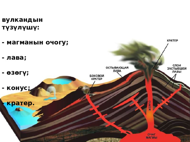  вулкандын түзүлүшү:  - магманын очогу;  - лава;  - өзөгү;  - конус;  - кратер.  