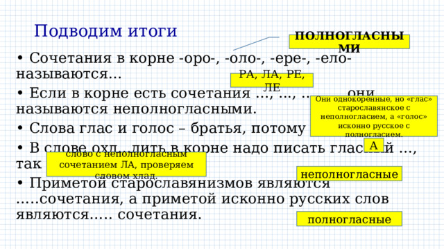 Подводим итоги ПОЛНОГЛАСНЫМИ • Сочетания в корне -оро-, -оло-, -ере-, -ело- называются... • Если в корне есть сочетания ..., ..., ..., ..., они называются неполногласными. • Слова глас и голос – братья, потому что... • В слове охл...дить в корне надо писать гласный ..., так как... • Приметой старославянизмов являются …..сочетания, а приметой исконно русских слов являются….. сочетания. РА, ЛА, РЕ, ЛЕ Они однокоренные, но «глас» старославянское с неполногласием, а «голос» исконно русское с полногласием. А слово с неполногласным сочетанием ЛА, проверяем словом хлад. неполногласные полногласные 