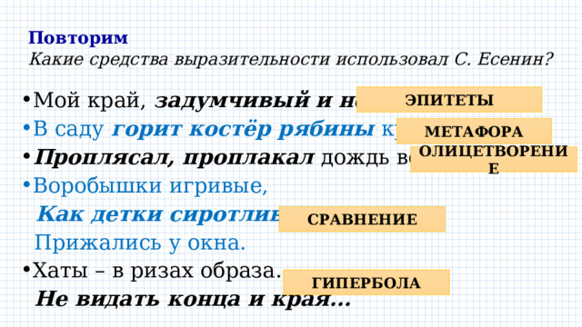 Повторим  Какие средства выразительности использовал С. Есенин?  ЭПИТЕТЫ Мой край, задумчивый и нежный В саду горит костёр рябины красной. Проплясал, проплакал дождь весенний. Воробышки игривые,  Как детки сиротливые ,  Прижались у окна. Хаты – в ризах образа…  Не видать конца и края... МЕТАФОРА ОЛИЦЕТВОРЕНИЕ СРАВНЕНИЕ ГИПЕРБОЛА 