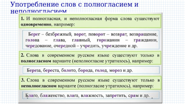 Употребление слов с полногласием и неполногласием 