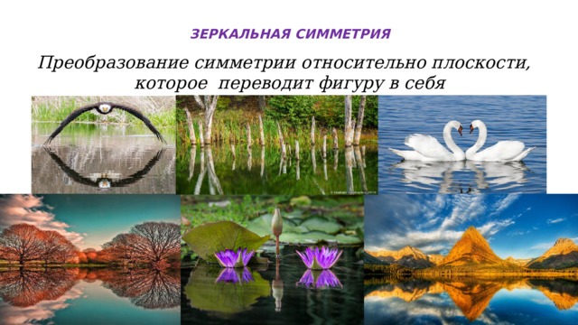  ЗЕРКАЛЬНАЯ СИММЕТРИЯ   Преобразование симметрии относительно плоскости, которое переводит фигуру в себя 