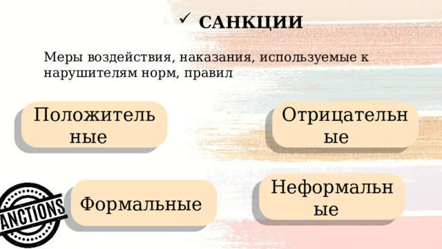 САНКЦИИ Меры воздействия, наказания, используемые к нарушителям норм, правил Положительные Отрицательные Неформальные Формальные 