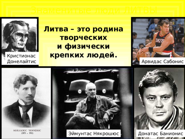 Знаменитые люди ЛИТВЫ Литва – это родина творческих и физически крепких людей. Кристионас Донелайтис Арвидас Сабонис Эймунтас Някрошюс Донатас Банионис 