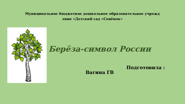 Муниципальное бюджетное дошкольное образовательное учреждение «Детский сад «Совёнок» Берёза-символ России    Подготовила : Вагина ГВ 