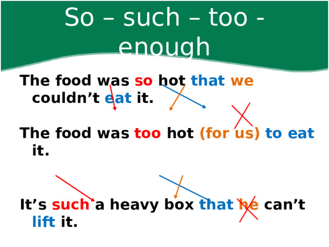 So – such – too - enough The food was so hot that  we couldn’t eat it.  The food was too hot (for us)  to  eat it.  It’s such a heavy box that  he can’t lift it.  The box is too heavy (for him) to  lift it.  