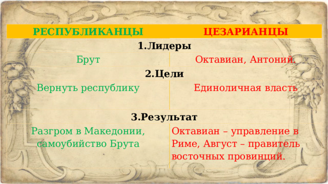 РЕСПУБЛИКАНЦЫ ЦЕЗАРИАНЦЫ 1.Лидеры Брут Октавиан, Антоний. 2.Цели Вернуть республику Единоличная власть 3.Результат Разгром в Македонии, самоубийство Брута Октавиан – управление в Риме, Август – правитель восточных провинций. 
