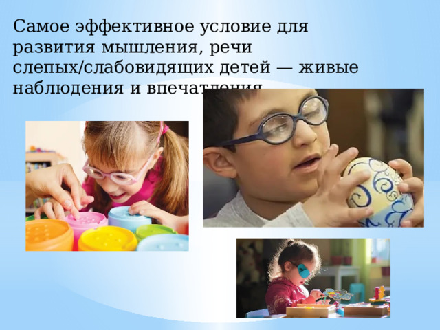 Самое эффективное условие для развития мышления, речи слепых/слабовидящих детей — живые наблюдения и впечатления . 