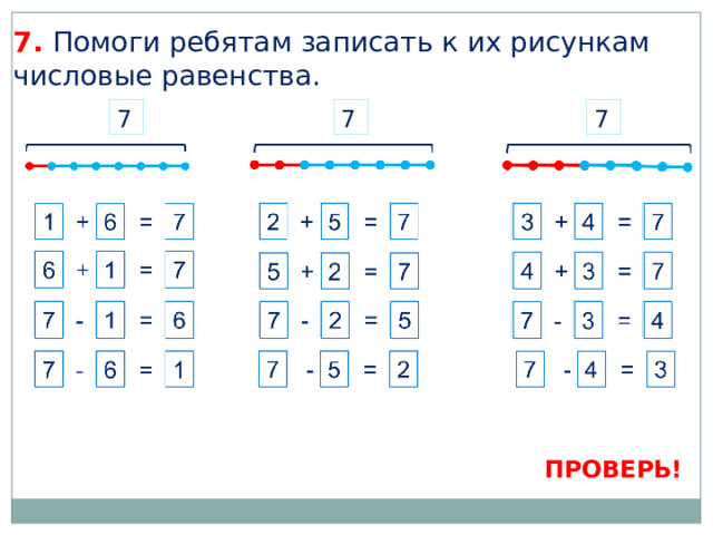 7. Помоги ребятам записать к их рисункам числовые равенства. 7 7 7 + 2 + 4 = 7 7 5 3 = = 6 1 + 7 5 + 2 = 7 7 = 6 + 4 + 3 1 7 = - 6 = 1 7 3 = 4 5 = 2 - 7 - 3 Актуализация знаний Работа с числовым рядом 3 2 7  - 5 = 7 = - 6 = 1 7  - 4 ПРОВЕРЬ!  