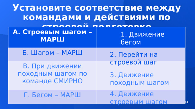 Установите соответствие между командами и действиями по строевой подготовке А. Строевым шагом – МАРШ  Б. Шагом – МАРШ В. При движении походным шагом по команде СМИРНО Г. Бегом – МАРШ 1. Движение бегом 2. Перейти на строевой шаг 3. Движение походным шагом 4. Движение строевым шагом   