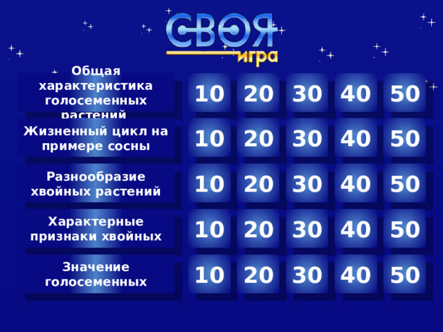 10 30 40 50 20 Общая характеристика голосеменных растений 50 Жизненный цикл на примере сосны 40 30 20 10 20 30 40 50 Разнообразие хвойных растений 10 Характерные признаки хвойных 20 40 50 30 10 Автор шаблона Салиш С.С., учитель начальных классов СШ №53 г. Актобе. 20 30 40 50 10 Значение голосеменных  