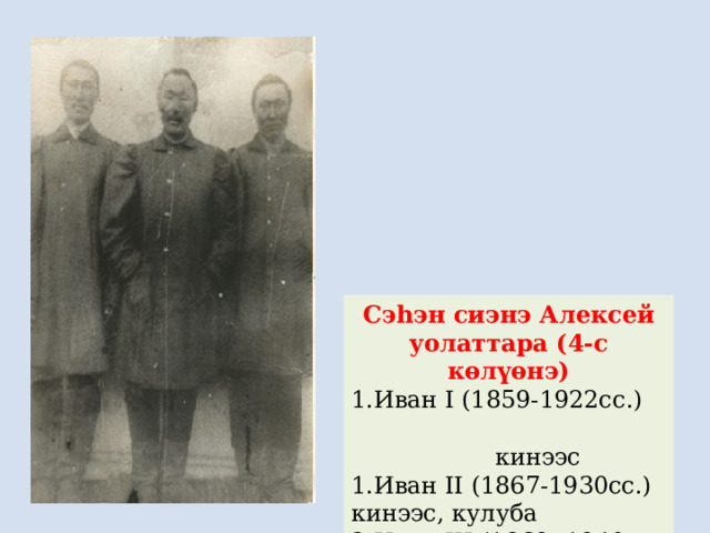 Сэһэн сиэнэ Алексей уолаттара (4-с көлүөнэ) Иван I (1859-1922cc .)  кинээс Иван II (1867-1930сс.) кинээс, кулуба Иван III (1869 -1940 сс.) 