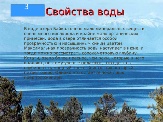  Свойства воды 3 В воде озера Байкал очень мало минеральных веществ, очень много кислорода и крайне мало органических примесей. Вода в озере отличается особой прозрачностью и насыщенным синим цветом. Максимальная прозрачность воды наступает в июне, и тогда можно рассмотреть сорокаметровую глубину. Кстати, озеро более пресное, чем реки, которые в него впадают, поэтому ученые полагают, что где-то в глубине есть мощный пресный источник, который питает озеро. Однако это остается пока лишь предположением 