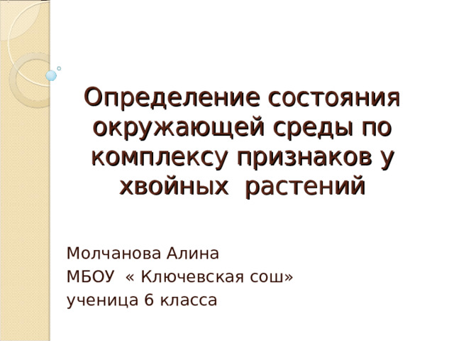 Определение состояния окружающей среды по комплексу признаков у хвойных растений Молчанова Алина МБОУ « Ключевская сош» ученица 6 класса 