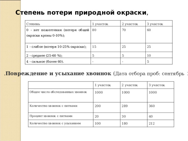 Степень потери природной окраски , Степень 1 участок 0 - нет пожелтения (потеря общей окраски кроны 0-10%); 1 - слабое (потеря 10-25% окраски); 80 2 участок 3 участок 15 70 2 - среднее (25-60 %); 25 60 5 4 - сильное (более 60). 25 5 - 10 - 5 . Повреждение и усыхание хвоинок ( Дата отбора проб: сентябрь 2016 г) 1 участок Общее число обследованных хвоинок Количество хвоинок с пятнами 2 участок 1000 3 участок Процент хвоинок с пятнами 1000 200 Количество хвоинок с усыханием 1000 289 20 30 100 360 40 180 212 