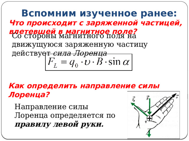 Вспомним изученное ранее: Что происходит с заряженной частицей, влетевшей в магнитное поле?  Со стороны магнитного поля на движущуюся заряженную частицу действует сила Лоренца Как определить направление силы Лоренца?  Направление силы Лоренца определяется по правилу левой руки. 
