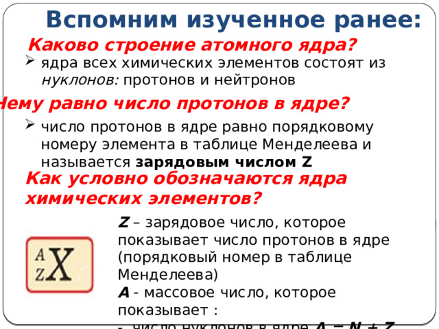 Вспомним изученное ранее: Каково строение атомного ядра?  ядра всех химических элементов состоят из нуклонов: протонов и нейтронов Чему равно число протонов в ядре? число протонов в ядре равно порядковому номеру элемента в таблице Менделеева и называется зарядовым числом Z Как условно обозначаются ядра химических элементов? Z – зарядовое число, которое показывает число протонов в ядре (порядковый номер в таблице Менделеева) А - массовое число, которое показывает :  -  число нуклонов в ядре A = N + Z   , где N – число нейтронов в ядре 