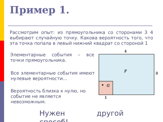 Пример 1. Рассмотрим опыт: из прямоугольника со сторонами 3 4 выбирают случайную точку. Какова вероятность того, что эта точка попала в левый нижний квадрат со стороной 1 Элементарные события – все точки прямоугольника. Все элементарные события имеют нулевые вероятности… Вероятность близка к нулю, но событие не является невозможным. Нужен другой способ! 