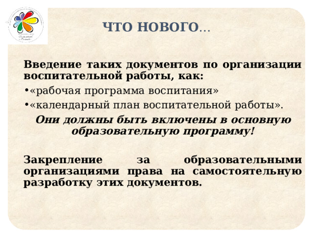 ЧТО НОВОГО … Введение таких документов по организации воспитательной работы, как: «рабочая программа воспитания» «календарный план воспитательной работы». Они должны быть включены в основную образовательную программу!  Закрепление за образовательными организациями права на самостоятельную разработку этих документов. 