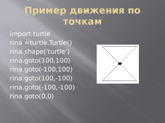 Пример движения по точкам import turtle rina =turtle.Turtle() rina.shape('turtle') rina.goto(100,100) rina.goto(-100,100) rina.goto(100,-100) rina.goto(-100,-100) rina.goto(0,0)  