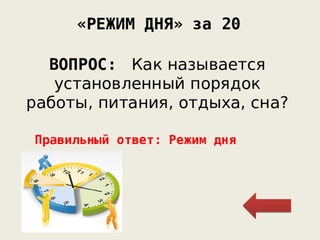 «РЕЖИМ ДНЯ» за 20 ВОПРОС:  Как называется установленный порядок работы, питания, отдыха, сна? Правильный ответ: Режим дня 