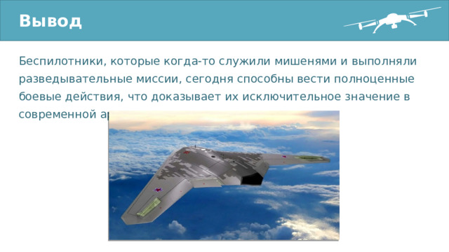 Вывод Беспилотники, которые когда-то служили мишенями и выполняли разведывательные миссии, сегодня способны вести полноценные боевые действия, что доказывает их исключительное значение в современной армии. 