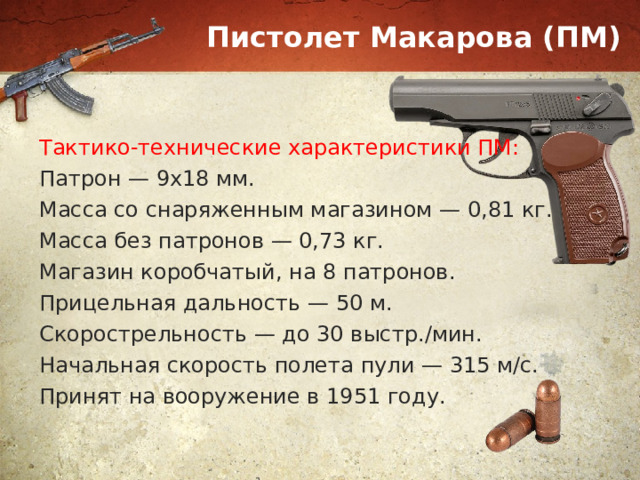 Пистолет Макарова (ПМ) Тактико-технические характеристики ПМ: Патрон — 9х18 мм. Масса со снаряженным магазином — 0,81 кг. Масса без патронов — 0,73 кг. Магазин коробчатый, на 8 патронов. Прицельная дальность — 50 м. Скорострельность — до 30 выстр./мин. Начальная скорость полета пули — 315 м/с. Принят на вооружение в 1951 году. 