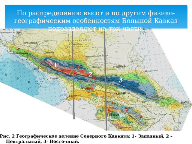 По распределению высот и по другим физико-географическим особенностям Большой Кавказ подразделяют на три части. Рис. 2 Географическое деление Северного Кавказа: 1- Западный, 2 – Центральный, 3- Восточный. 