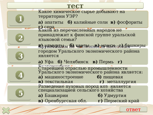    тест Какое химическое сырье добывают на территории УЭР? а) апатиты б) калийные соли в) фосфориты г) сера 1 Какой из перечисленных народов не принадлежит к финской группе уральской языковой семьи? а) удмурты б) ханты в) манси г ) башкиры 2 Крупнейшим по численности населения городом Уральского экономического района является а) Уфа б) Челябинск в) Пермь г) Екатеринбург 3 Старейшей отраслью промышленности Уральского экономического района является: а) машиностроение б) пищевая в) текстильная г) металлургия 4 74 Разведение пуховых пород коз является специализацией сельского хозяйства а) Башкирии б) Удмуртия в) Оренбургская обл. г) Пермский край 5 ответ 