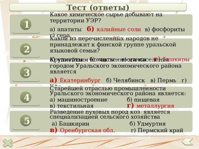   Тест (ответы) Какое химическое сырье добывают на территории УЭР? а) апатиты б) калийные соли в) фосфориты г) сера 1 Какой из перечисленных народов не принадлежит к финской группе уральской языковой семьи? а)  удмурты б) ханты в) манси г )  башкиры 2 Крупнейшим по численности населения городом Уральского экономического района является а) Екатеринбург  б) Челябинск в) Пермь г) Уфа 3 Старейшей отраслью промышленности Уральского экономического района является: а) машиностроение б) пищевая в) текстильная г) металлургия 4 74 Разведение пуховых пород коз является специализацией сельского хозяйства  а) Башкирии б) Удмуртия в) Оренбургская обл. г) Пермский край 5 
