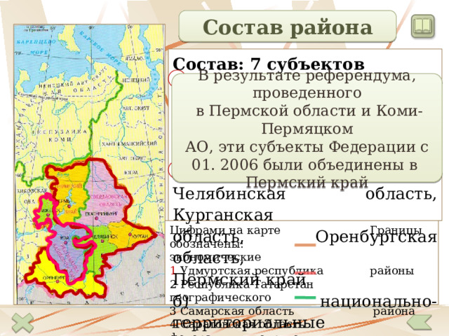 Состав района Состав: 7 субъектов Федерации а) государственно-территориальные образования – Свердловская область, Челябинская область, Курганская область, Оренбургская область, Пермский край б) национально-территориальные образования – республика Башкортостан, республика Удмуртская В результате референдума, проведенного  в Пермской области и Коми-Пермяцком  АО, эти субъекты Федерации с 01. 2006 были объединены в Пермский край Цифрами на карте Границы обозначены: экономические 1 Удмуртская республика районы 2 Республика Татарстан географического 3 Самарская область района 4 Саратовская область федеральных округов 4 